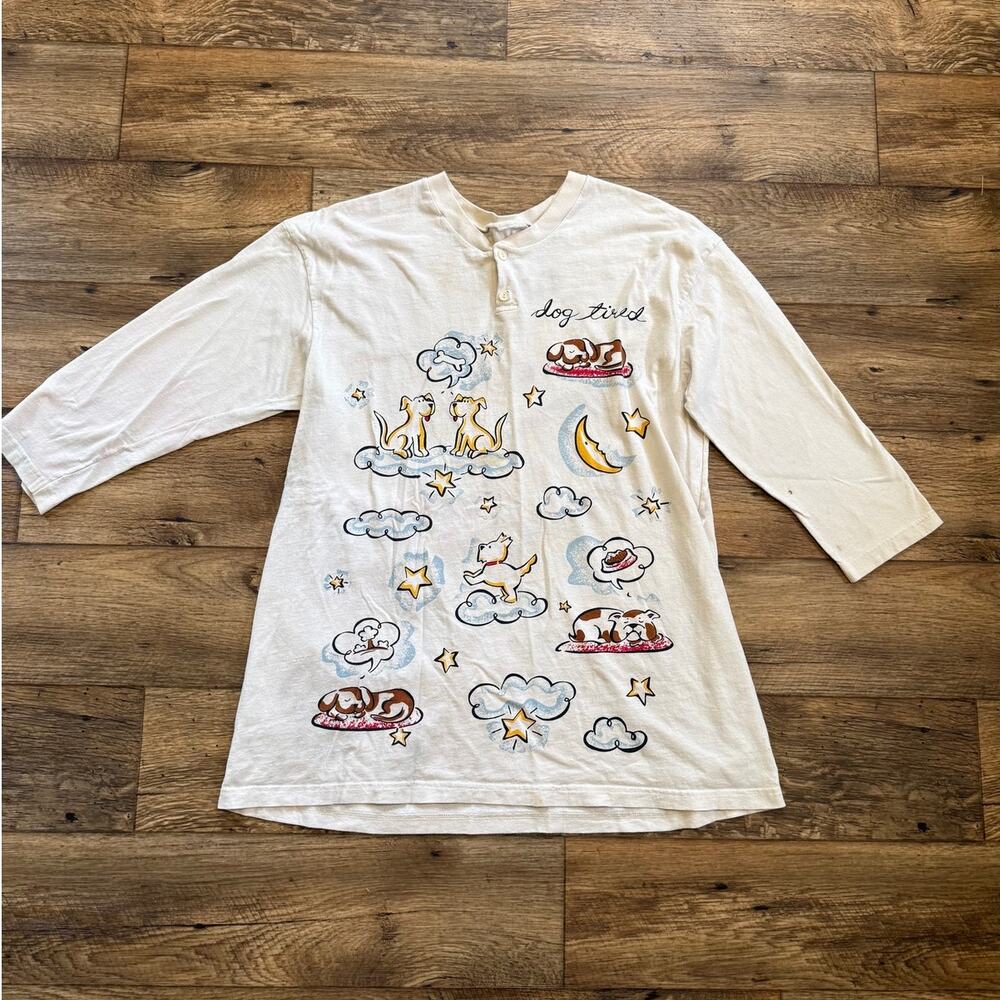 Vintage 90s Abstract Dog Tired Cotton Celestial Henley Nightgown Shirt